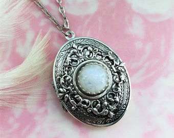 SILVER LOCKET Moonstone Oval Embossed Floral Locket ~ Antique Silver Pendant (L-230)