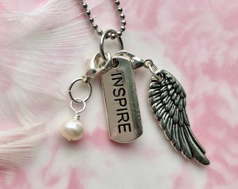 Soar Above ANTIQUE SILVER Angel Wing Inspire Pearl Pendant Necklace Jewelry