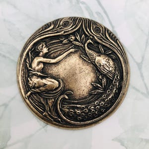 ANTIQUE BRASS Peacock & Goddess in the Garden Medallion Stamping 2-1/4&quot; Ornament Findings (L-127)