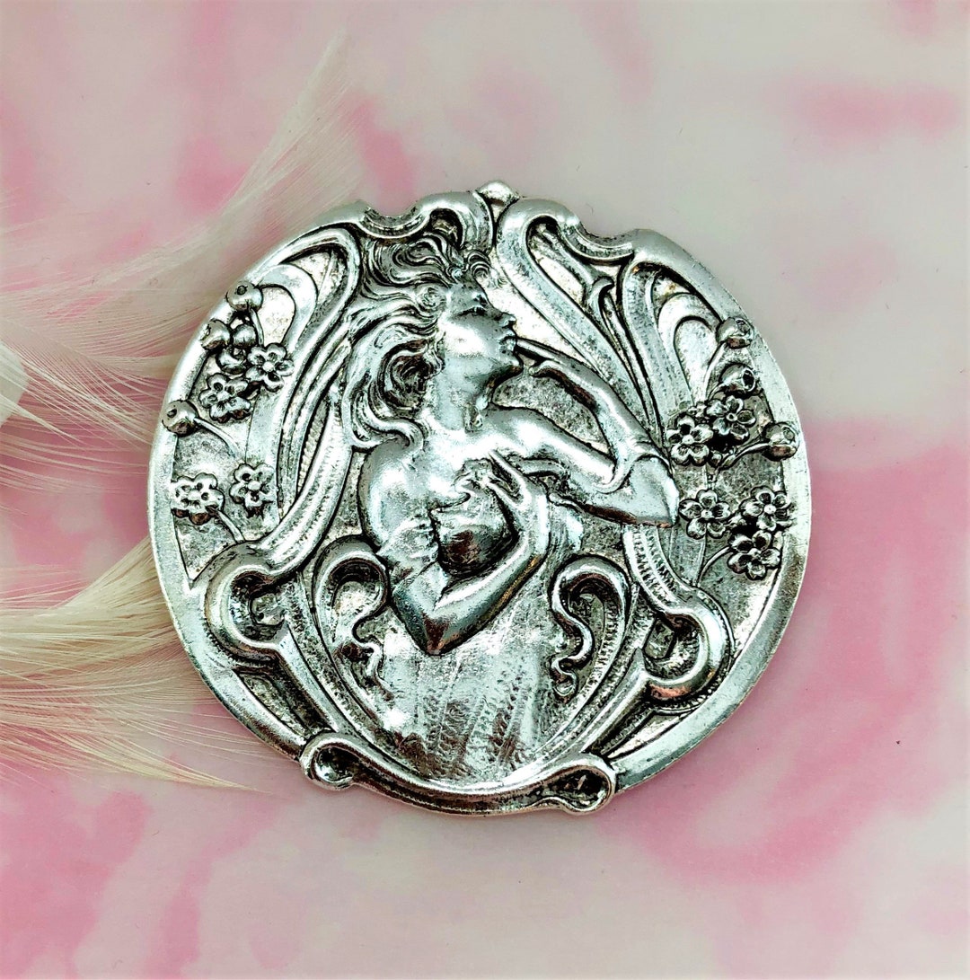 thumbnail image 2 of Large Oxidized Brass Mythological Nymph Jewelry Finding – USA Made, Stamping 2 of 3