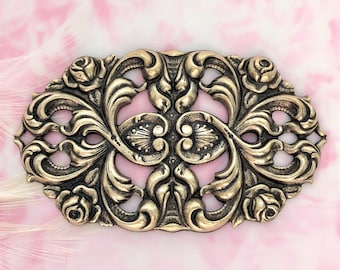 ANTIQUE BRASS Floral Filigree Cartouche / Plaque Heart Motif Brass Ornament Stampings ~ Jewelry Findings (C-803)
