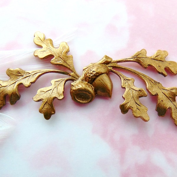 Acorns BRASS Woodland Oak Leaf Spray Stamping ~ Jewelry Leaves Findings ~ Brass Stampings (C-1305)