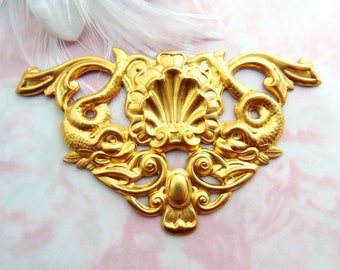 BRASS Cartouche Plaque Sea Monster Large Shell Motif Asian Koi Stamping ~ Jewelry Ornamental Brass Finding (FC-7)