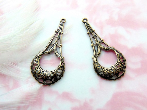 ANTIQUE BRASS (4 Pieces) Oval Gypsy Boho Hoops Delicate Filigree Stampings  Jewelry Earrings Drops Oxidized Findings (E-086)