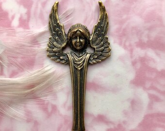 ANTIQUE BRASS Large Art Deco Angel Stamping ~ Jewelry Findings ~ Goddess Woman Stamping ~ Oxidized Brass Stamping (C-703)