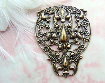 ANTIQUE BRASS Large Crest Fleur De Lis Filigree Stampings ~ Jewelry Ornamental Oxidized Findings (FC-9)