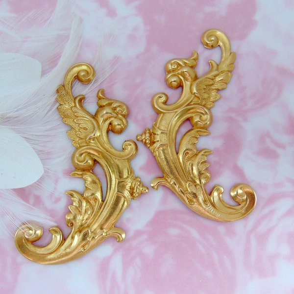 2 PC BRASS Medieval Bird Flourish Scroll Ornate Corner Stampings ~ Jewelry Ornament Brass Findings ~ Brass Stamping (FB-6089)