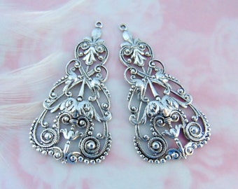 ANTIQUE SILVER Large (1 Pair) Filigree Tea Earring Drop Connector Stamping ~ Antique Silver Finding (C-101)