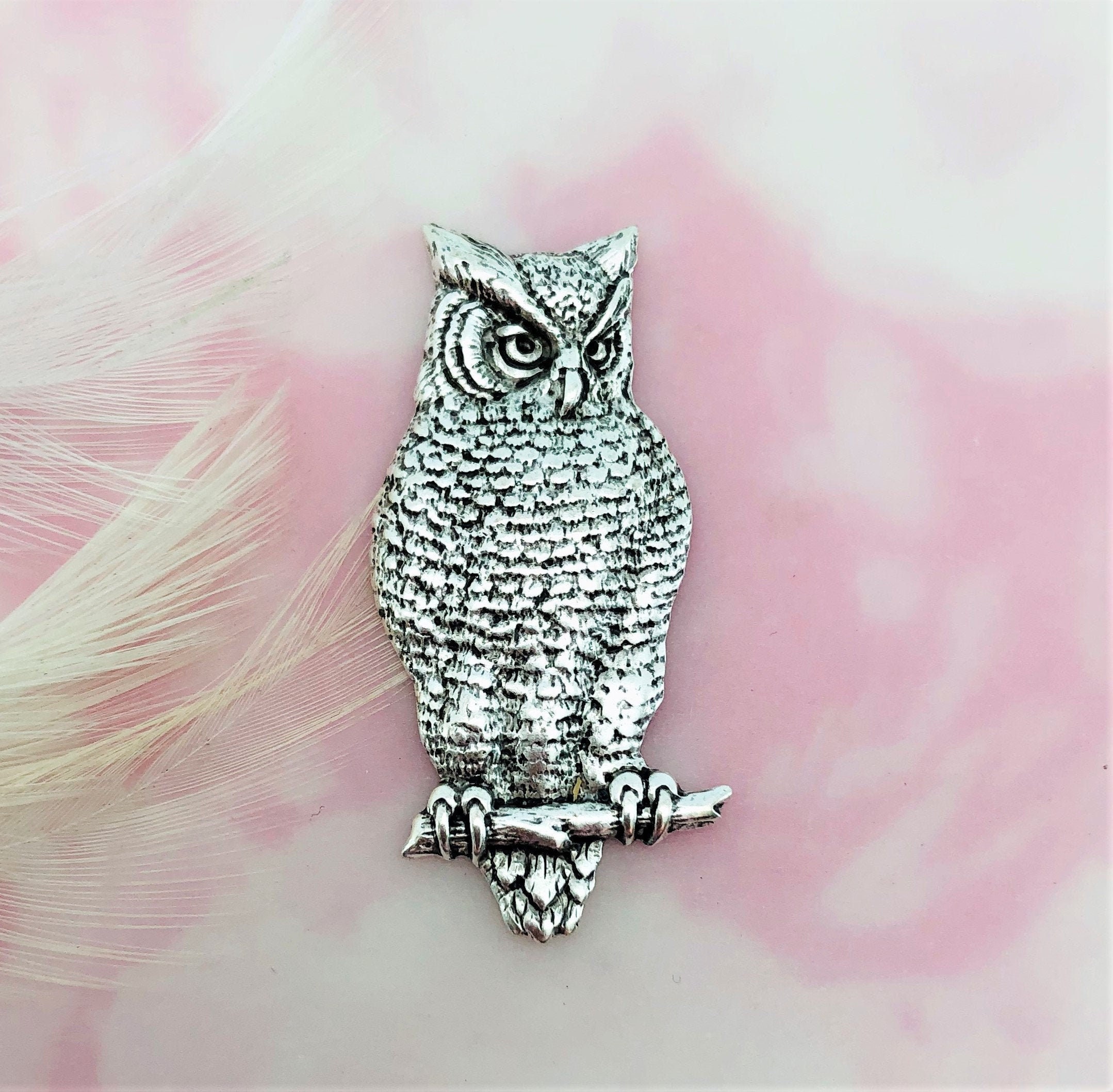ANTIQUE SILVER Large Owl on Branch ~ Owl Stamping ~ Jewelry Ornament Finding (BB-014)