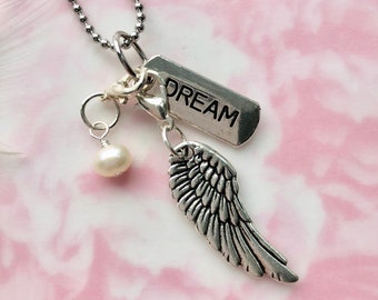 Soar Above ANTIQUE SILVER Angel Wing Dream Pearl Pendant Necklace Jewelry