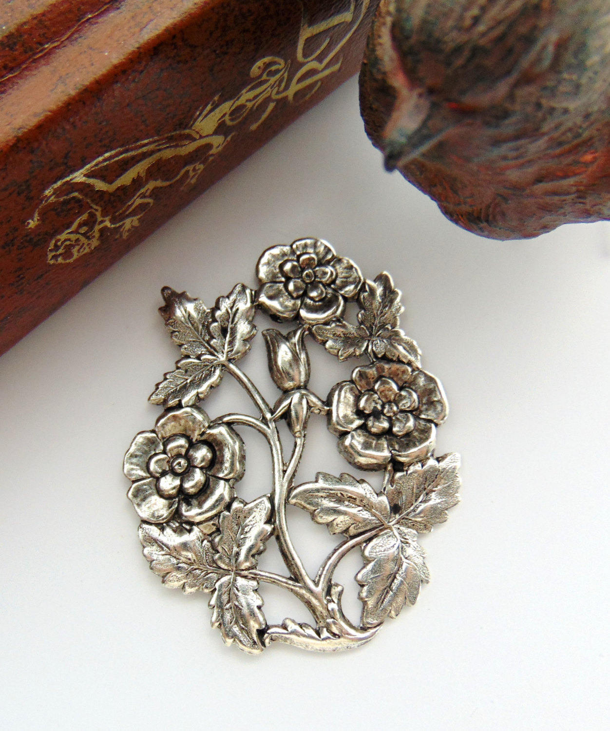 ANTIQUE SILVER Victorian Floral Rose Flower Stamping ~ Jewelry