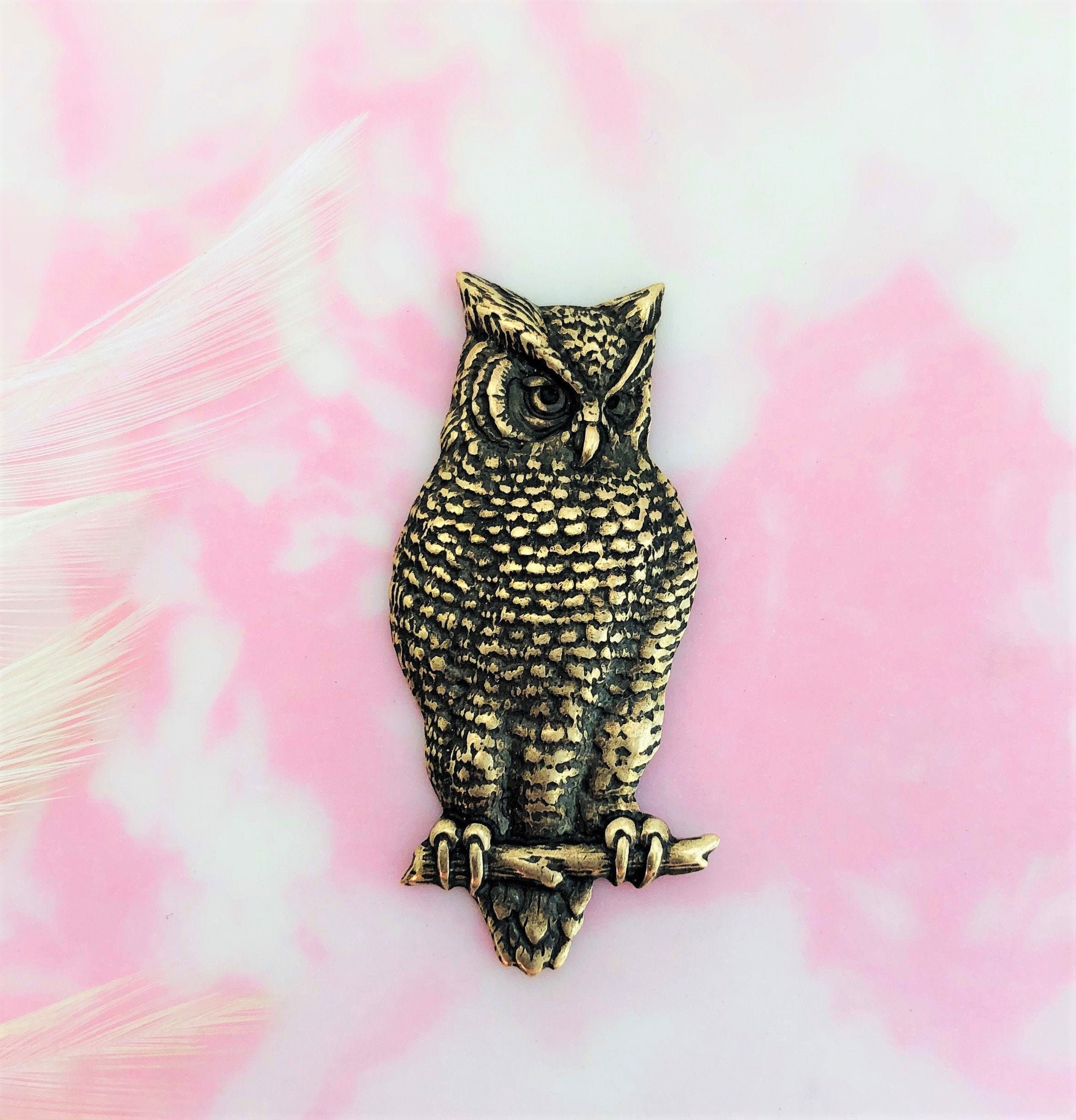 ANTIQUE BRASS Large Owl On Branch ~ Owl Stamping ~ Jewelry Ornament Finding (BB-014)