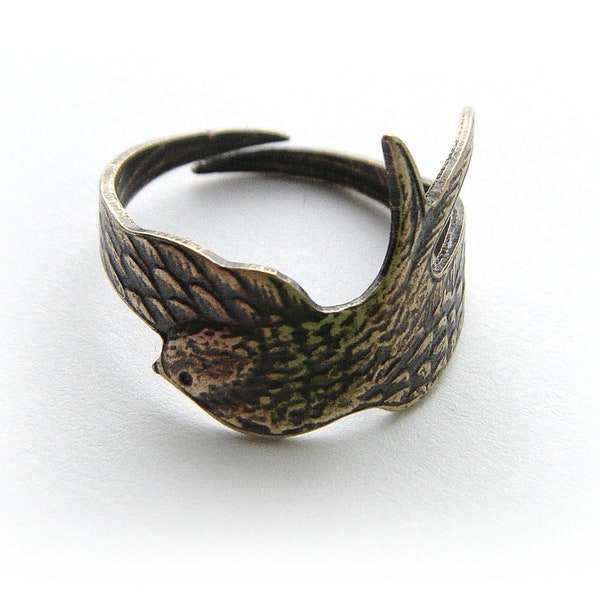 Wrapped Sparrow Bird Ring - Antique Ox Brass Ring - Adjustable