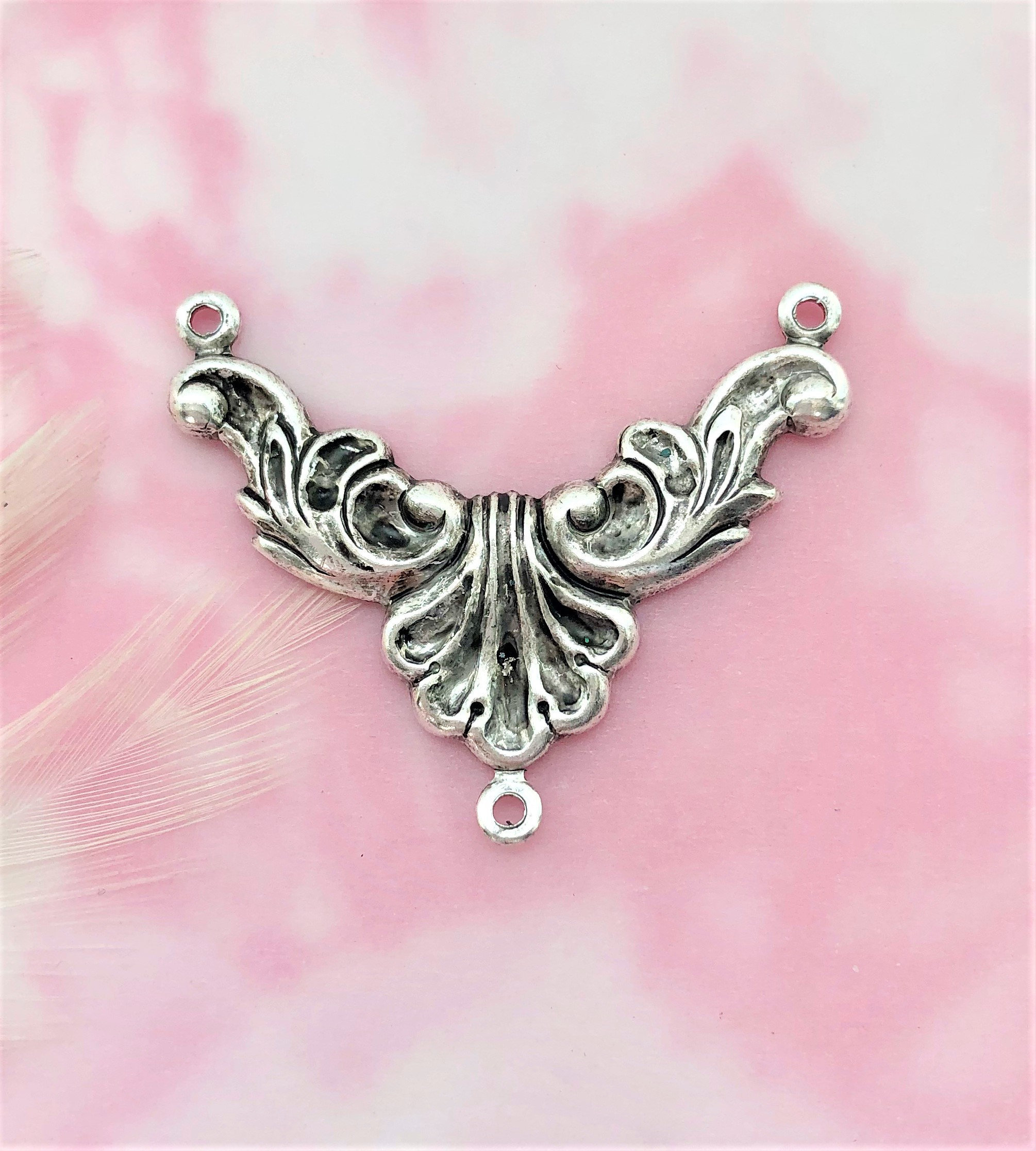 ANTIQUED SILVER (6 Pieces) Shell Motif Flourish Connector Brass