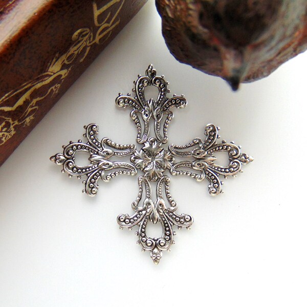 ANTIQUE SILVER * Maltese Filigree Baroque Cross Stamping ~ Jewelry Oxidized Finding (CB-3044)