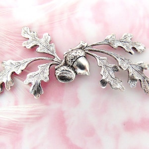 ANTIQUED SILVER Woodland Oak Leaf Spray Acorn Stamping ~ Jewelry Findings ~ Oxidized Brass Stampings (C-1305)