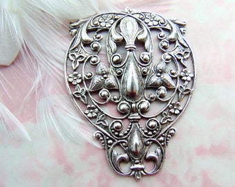 ANTIQUED SILVER Large Fleur De Lis Filigree Crest Stampings ~ Jewelry Oxidized Findings (FC-9)