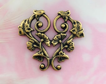 ANTIQUE BRASS (2 Pieces)  Morning Glory Flower Heart Connector Stamping ~ Jewelry Findings (CA-3092)