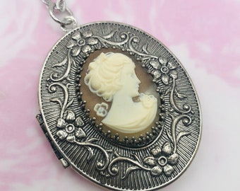 Victorian Woman Cameo Locket Vintage Sterling Silver Oxidized Oval Embossed Floral Locket