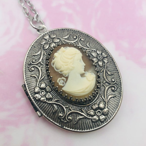 Victorian Woman Cameo Locket Vintage Sterling Silver Oxidized Oval Embossed Floral Locket