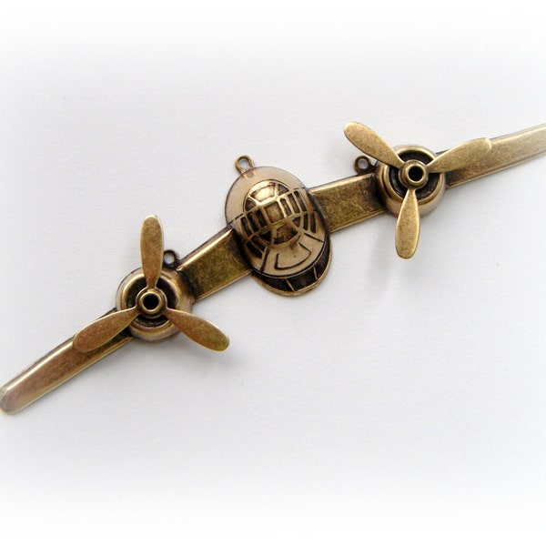 1 - AIRPLANE with Spinning Propellers Large Vintage Style Antique Ox Brass  Stamping  - Jewelry Finding (FA-6012) **