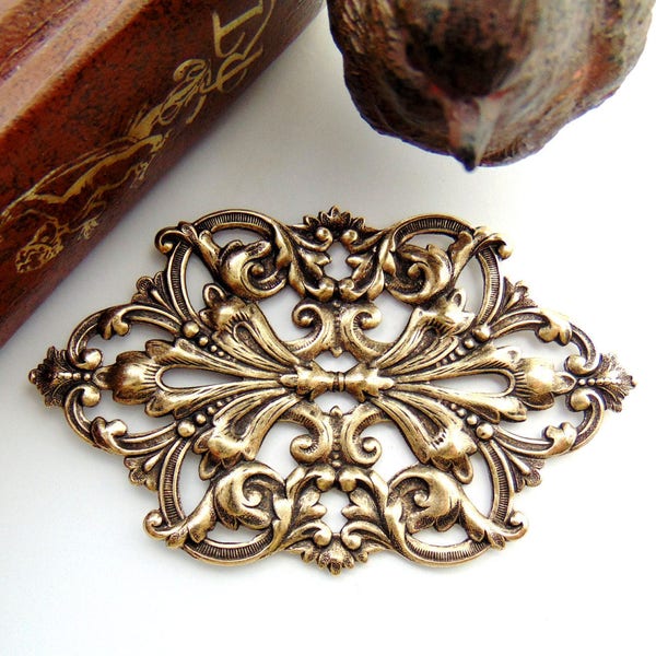 ANTIQUE BRASS * Cartouche Plaque Art Nouveau Scrolling Leaf Stamping ~ Jewelry Ornament Finding ~ Brass Stamping (FC-1)