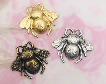 Antique Silver Raw Brass Antique Brass (3 Pieces) Large Bumble Bee Stamping ~ Jewelry Oxidized Finding (FA-6016)