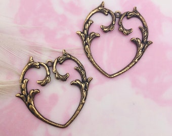 Open Heart ANTIQUE BRASS (2 Pieces) Branch Heart With Loop Stampings - Jewelry Brass Findings ~ Brass Stamping (E-544)