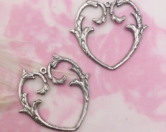 Open Heart ANTIQUE SILVER (2 Pieces) Branch Heart With Loop Stampings - Jewelry Brass Findings ~ Brass Stamping (E-544)