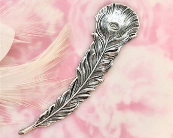 ANTIQUE SILVER Peacock Feather Stamping ~ Jewelry Oxidized Findings (C-607)