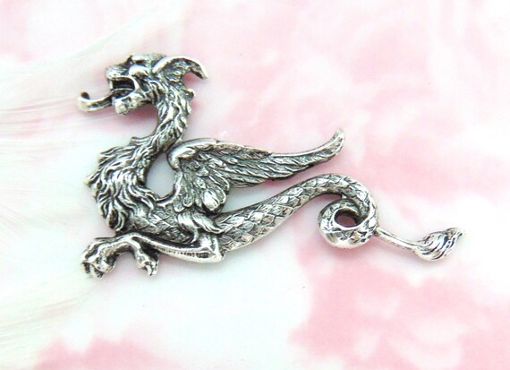 C-1201 ANTIQUE SILVER Double Medieval DRAGONS Stamping ~ Oxidized Findings 