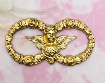 BRASS Cherub Angel with Floral Garland Slide Flowers Stampings - Jewelry Findings (C-708)
