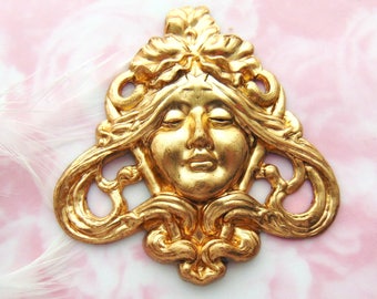 Vintage BRASS Large Art Nouveau Star Goddess Stamping ~ Jewelry Ornament Findings ~ Brass Stampings (C-203)