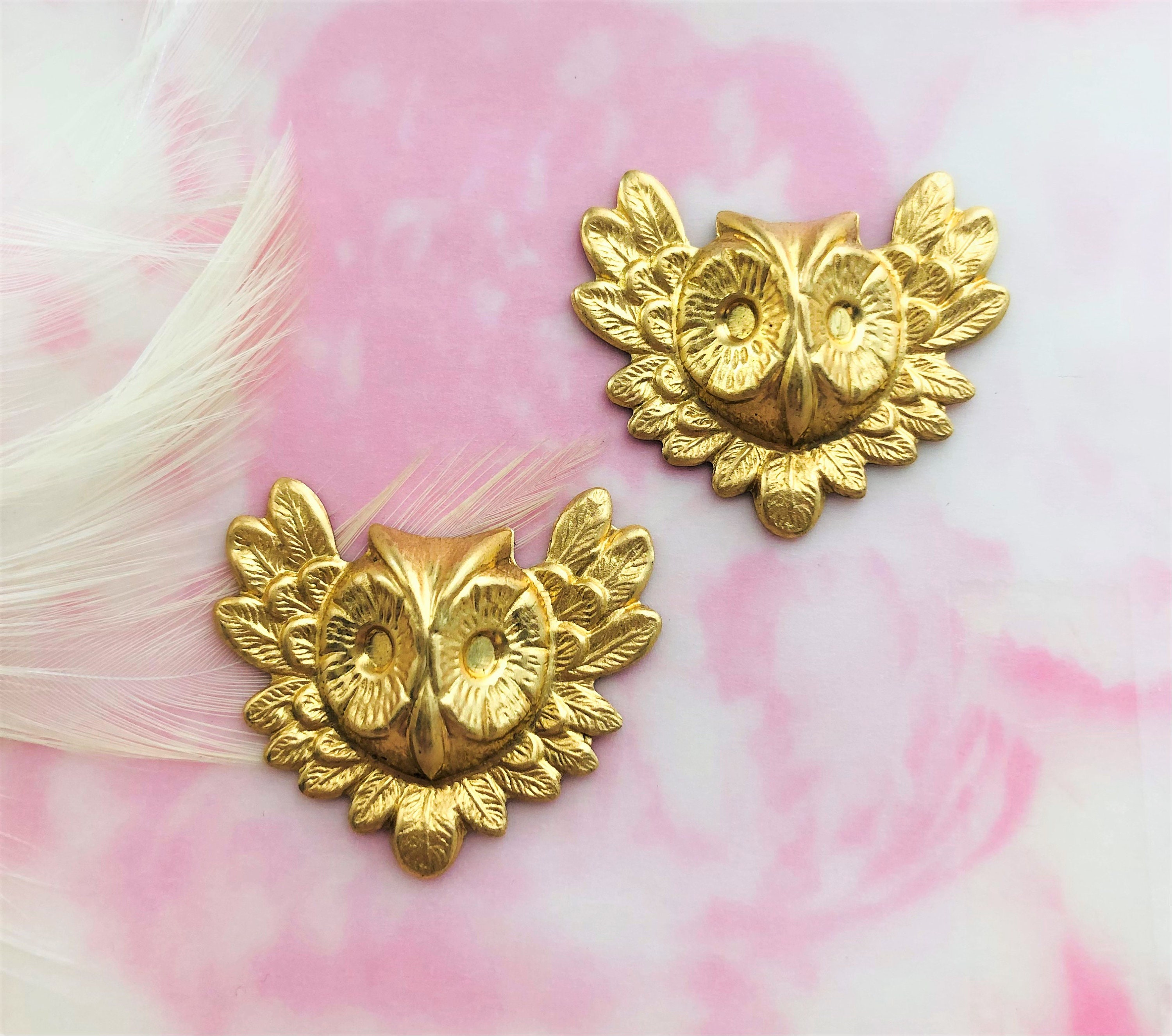BRASS Winged Feathered Owl Head Large Stamping (2 Pieces) ~ Jewelry Ornament Brass Findings (FB-6063