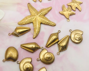 Seaside BRASS (14 Pieces) Seashells Shell Brass Charms - Stampings (MI-001)