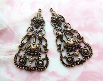 ANTIQUE BRASS Large (1 Pair) Filigree Tea Earring Drop Connector Stamping ~ Antique Silver Finding (C-101)