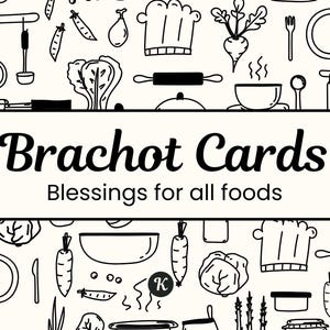 Puede incluir: Ilustración en blanco y negro de utensilios de cocina y alimentos con el texto "Brachot Cards Blessings for all foods".