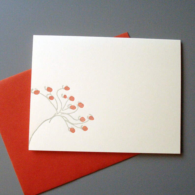 Minimalist Spring Flower Letterpress Card printed in persimmon red and grey inks on creamy white card stock image 3