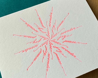 Calligraphy Snowflake Holiday Letterpress Card, Neon Orange