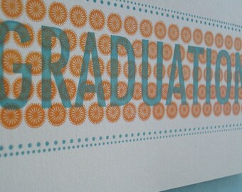 Letterpress Graduation Card, modern card, orange, aqua, white