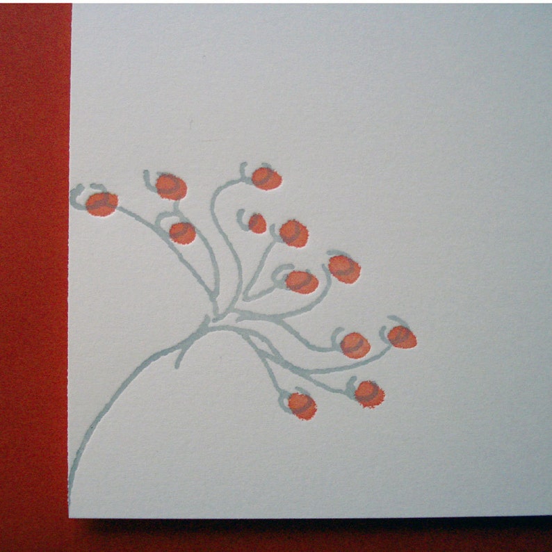 Minimalist Spring Flower Letterpress Card printed in persimmon red and grey inks on creamy white card stock image 2