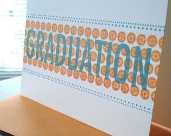 Letterpress Graduation Card, modern graduation card, graduate, orange, aqua blue, white