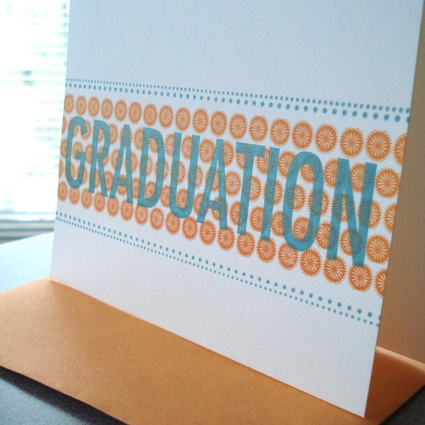 Letterpress Graduation Card, modern graduation card, graduate, orange, aqua blue, white