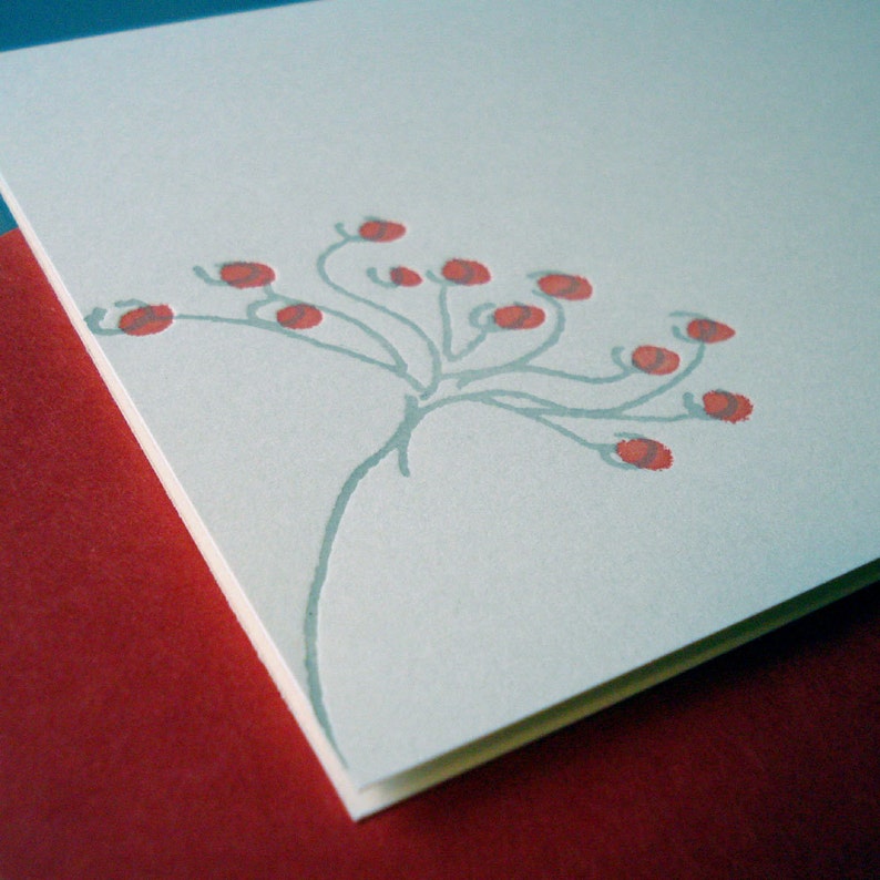 Minimalist Spring Flower Letterpress Card printed in persimmon red and grey inks on creamy white card stock image 4