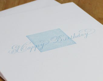 Happy Birthday Letterpress Card, calligraphy birthday card, note card, cotton card, handwritten calligraphy, blue and white