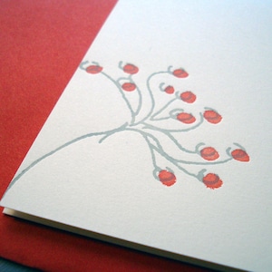 Minimalist Spring Flower Letterpress Card printed in persimmon red and grey inks on creamy white card stock image 1