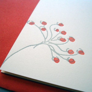 Minimalist Spring Flower Letterpress Card printed in persimmon red and grey inks on creamy white card stock