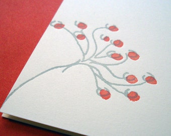 Minimalist Spring Flower Letterpress Card printed in persimmon red and grey inks on creamy white card stock