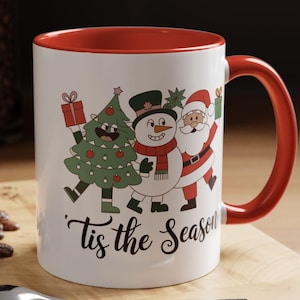 Funny Christmas Mug – Tis the Season Holiday Cup with Tree, Snowman & Santa, Festive Gift Idea, 11oz Accent Mug, Xmas Coffee Cup