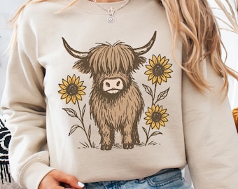 Highland Cow Sunflower Sweatshirt - Western Cozy Crewneck, Country Girl Gift